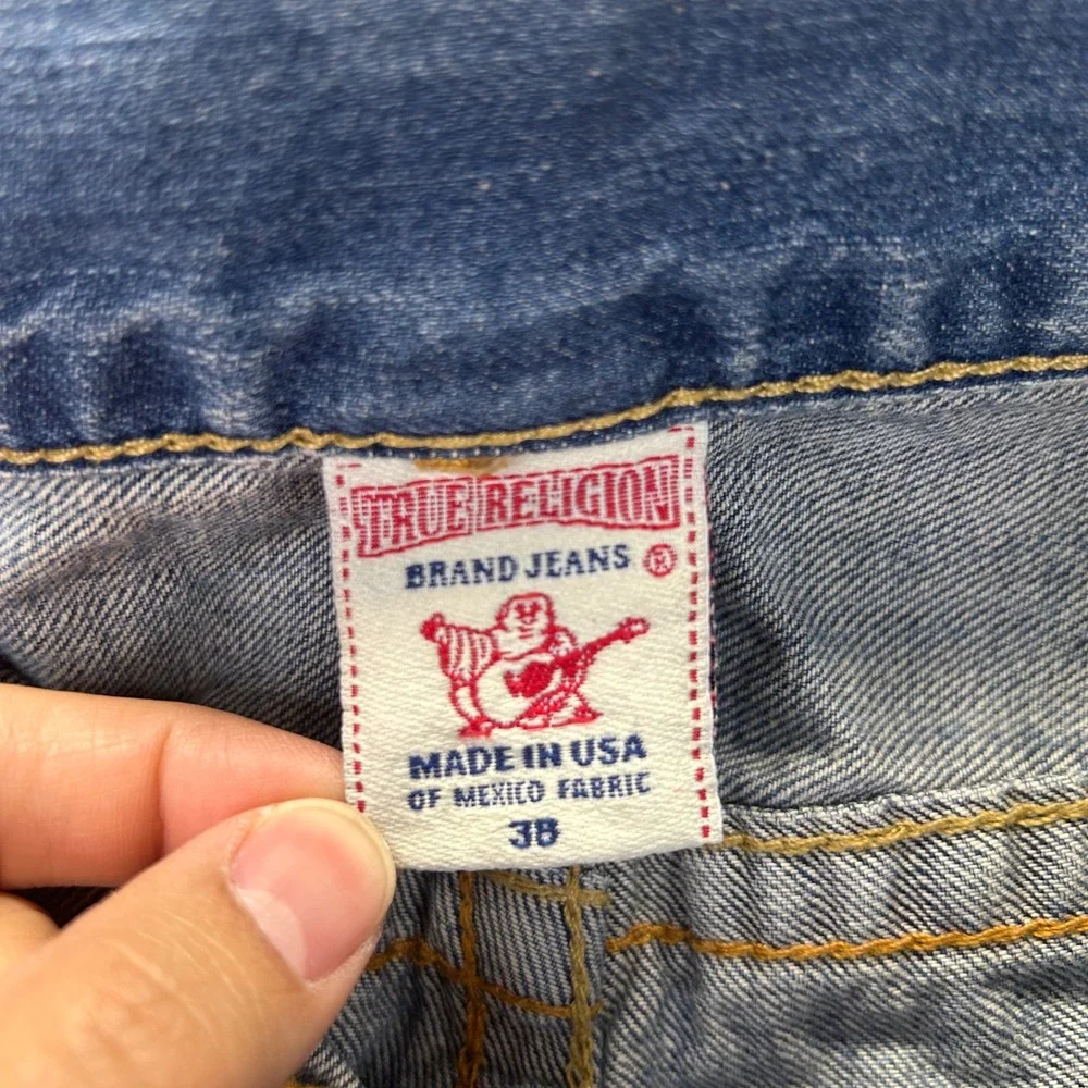 True Religion‎ Straight Mens Jeans 38 Medium Wash Frayed Horseshoe Logo USA